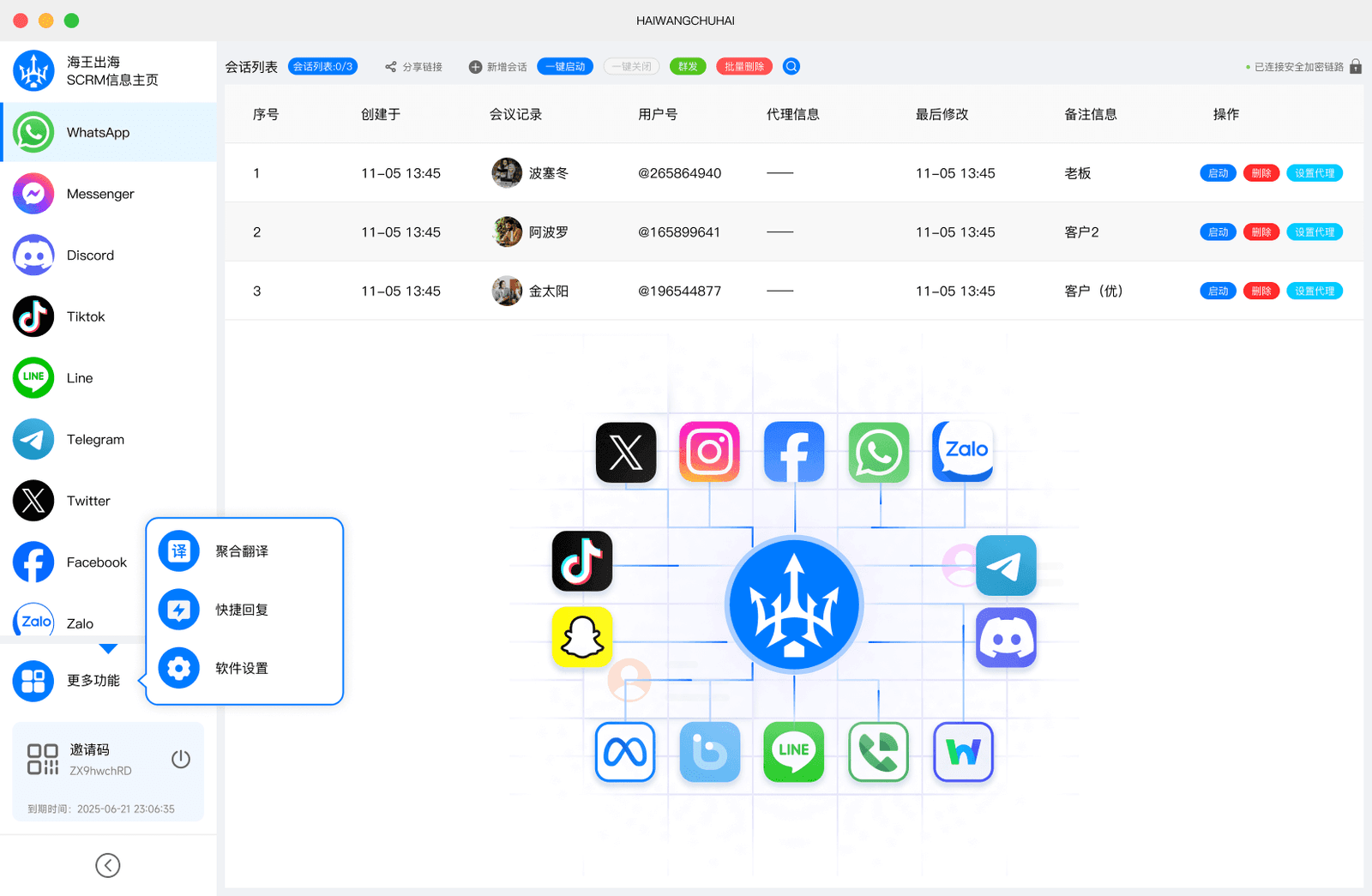 海王出海多平台会话与联系人工作界面
